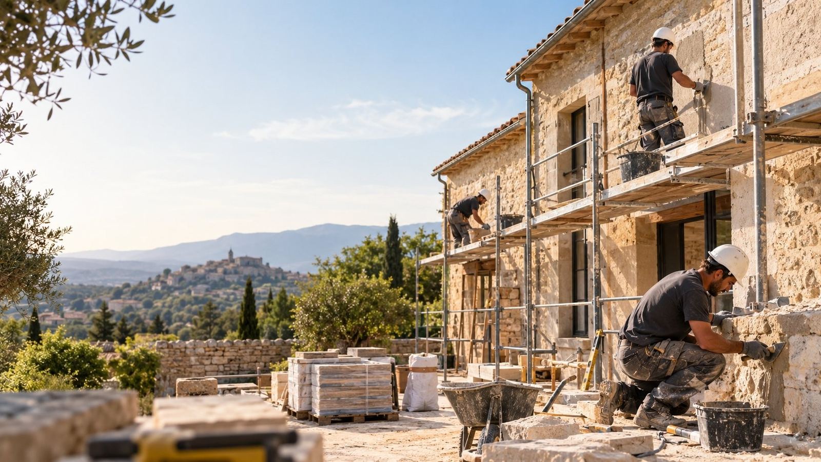 Équipe sur échafaudage face au village du Luberon
